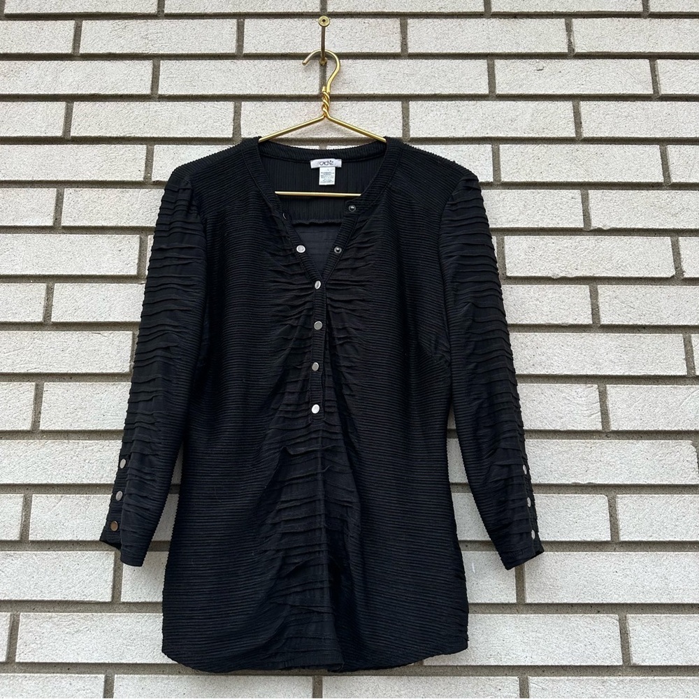 Cache Black Textured Snap Front Tunic Top Size Large Diabolo Nylon Stretch